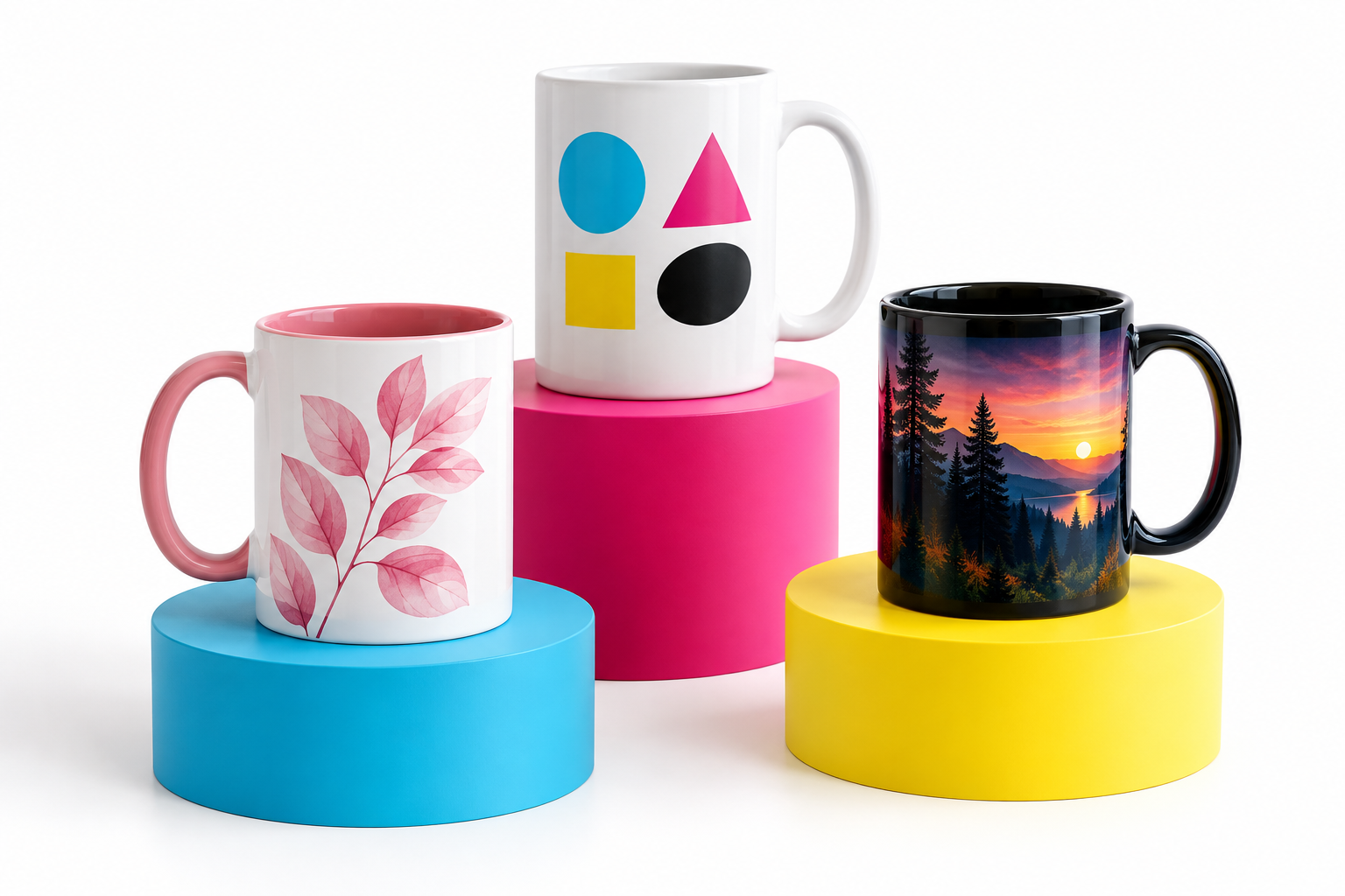 Белая кружка с геометрическим принтом, кружка с розовой ручкой и кружка-хамелеон с лесным рисунком